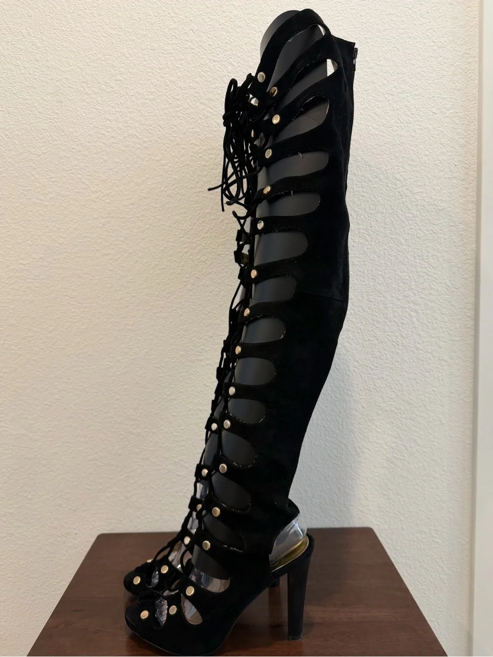 Suede Black Lace-Up Over-the-Knee Gladiator Heels